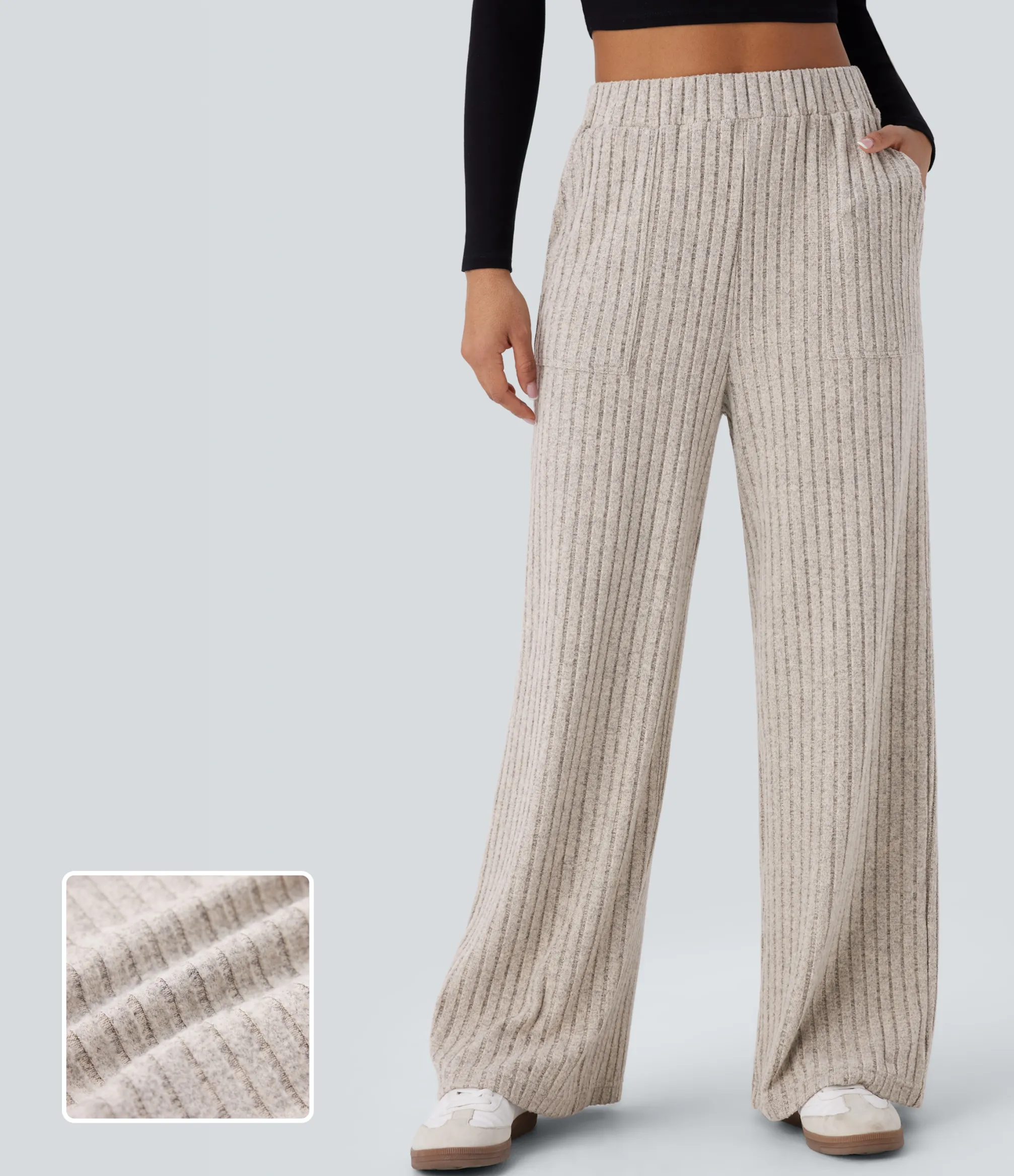 High-Waisted Pants|Wide-Leg Pants<HALARA Ribbed Knit High Waisted Pockets Wide Leg Casual Pants