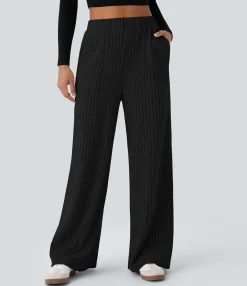 High-Waisted Pants|Wide-Leg Pants<HALARA Ribbed Knit High Waisted Pockets Wide Leg Casual Pants