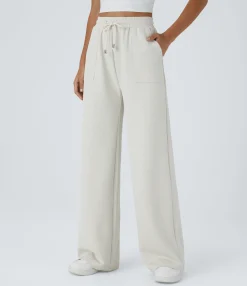 High-Waisted Pants|Straight-Leg Pants<HALARA Ribbed Knit High Waisted Drawstring Pocket Straight Leg Casual Pants