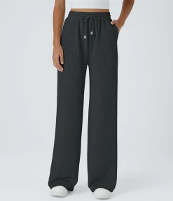 High-Waisted Pants|Straight-Leg Pants<HALARA Ribbed Knit High Waisted Drawstring Pocket Straight Leg Casual Pants