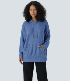 Sweatshirts & Hoodies<HALARA Ribbed Knit Hooded Drawstring Dropped Shoulder Kangaroo Pocket Oversize Casual Sweatshirt
