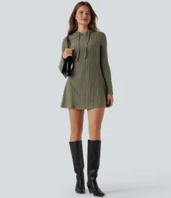 Dresses|Mini Dresses<HALARA Ribbed Knit Hooded Drawstring Long Sleeve Mini Casual Dress