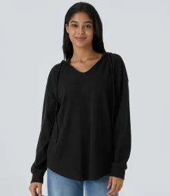 Sweatshirts & Hoodies<HALARA Ribbed Knit Hooded V Neck Drawstring Long Sleeve Curved Hem Casual Sweatshirt