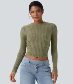 Casual Tops<HALARA Ribbed Knit Long Sleeve Cropped Casual Top
