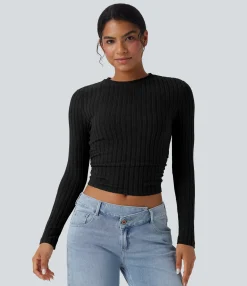 Casual Tops<HALARA Ribbed Knit Long Sleeve Cropped Casual Top