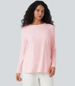Casual Tops|T-Shirts<HALARA Ribbed Knit Long Sleeve Split Hem Casual T-Shirt