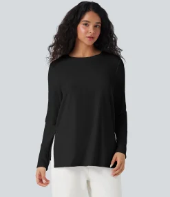 Casual Tops|T-Shirts<HALARA Ribbed Knit Long Sleeve Split Hem Casual T-Shirt
