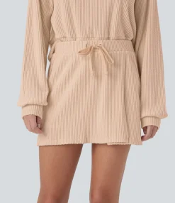 Casual Skirts|Mini Skirts<HALARA Ribbed Knit Mid Rise Drawstring Pocket 2-in-1 Mini Casual Skirt