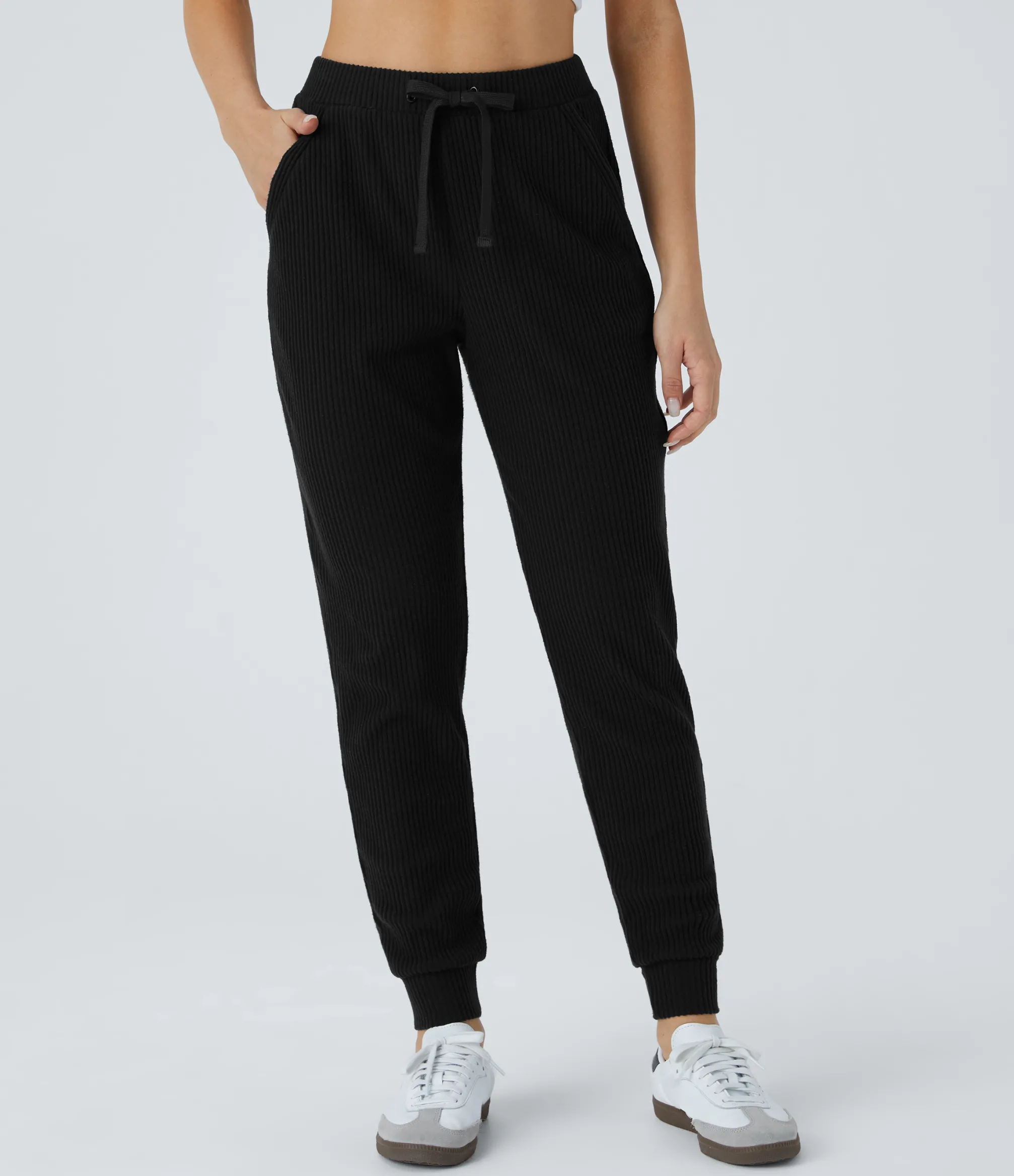 Pants|Joggers<HALARA Ribbed Knit Mid Rise Drawstring Pockets Casual Joggers