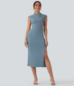 Bodycon Dresses|Maxi & Midi Dresses<HALARA Ribbed Knit Mock Neck Cap Sleeve Bodycon Midi Casual Dress