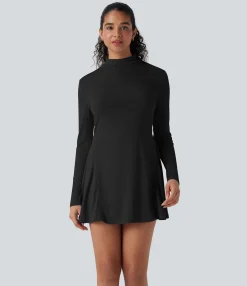 Dresses|Mini Dresses<HALARA Ribbed Knit Mock-neck Long Sleeve Mini Casual Dress