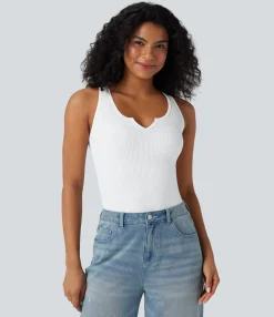 Casual Tops|Tank Tops & Camis<HALARA Ribbed Knit Notched Casual Tank Top