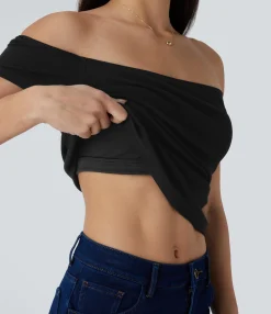 Casual Tops<HALARA Ribbed Knit Off Shoulder Short Sleeve 2-in-1 Casual Top