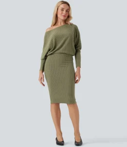 Bodycon Dresses|Maxi & Midi Dresses<HALARA Ribbed Knit Off-shoulder Batwing Long Sleeve Bodycon Midi Casual Dress