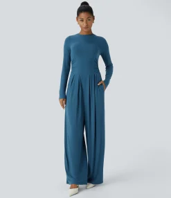 Jumpsuits<HALARA Ribbed Knit Round Neck Back Zipper Long Sleeve Ruched Pocket Wide Leg Casual Jumpsuit