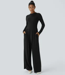 Jumpsuits<HALARA Ribbed Knit Round Neck Back Zipper Long Sleeve Ruched Pocket Wide Leg Casual Jumpsuit