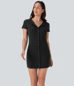 Mini Dresses|Dresses<HALARA Ribbed Knit Round Neck Mini Casual Dress