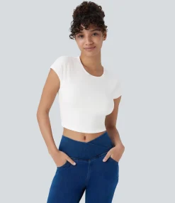 Casual Tops<HALARA Ribbed Knit Round Neck Short Sleeve Cropped Casual Baby Tee