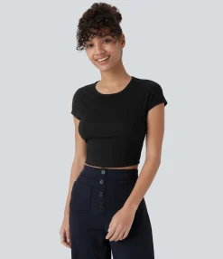 Casual Tops<HALARA Ribbed Knit Round Neck Short Sleeve Cropped Casual Baby Tee