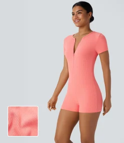 Jumpsuits<HALARA Ribbed Knit Round Neck Zipper Skinny Casual Jumpsuit