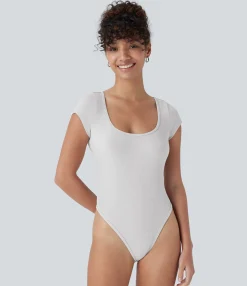 Work Tops|Bodysuits<HALARA Ribbed Knit Scoop Neck Short Sleeve Snap Skinny Work Bodysuit