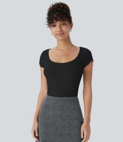 Work Tops|Bodysuits<HALARA Ribbed Knit Scoop Neck Short Sleeve Snap Skinny Work Bodysuit