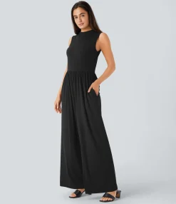 Jumpsuits<HALARA Ribbed Knit Sleeveless Back Ruched Pockets Wide Leg Casual Jumpsuit