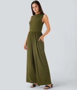 Jumpsuits<HALARA Ribbed Knit Sleeveless Back Ruched Pockets Wide Leg Casual Jumpsuit