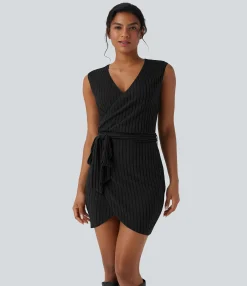 Bodycon Dresses|Mini Dresses<HALARA Ribbed Knit Sleeveless Belted Wrap Bodycon Mini Casual Dress