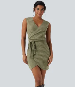 Bodycon Dresses|Mini Dresses<HALARA Ribbed Knit Sleeveless Belted Wrap Bodycon Mini Casual Dress