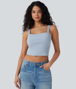 Casual Tops|Tank Tops & Camis<HALARA Ribbed Knit Square Neck Cropped Casual Tank Top