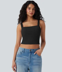 Casual Tops|Tank Tops & Camis<HALARA Ribbed Knit Square Neck Cropped Casual Tank Top