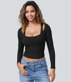 Casual Tops|Sports Tops<HALARA Ribbed Knit Square Neck Cut Out Long Sleeve Curved Hem Cropped Casual Sports Top