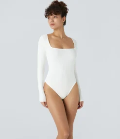 Work Tops|Bodysuits<HALARA Ribbed Knit Square Neck Long Sleeve Skinny Work Bodysuit