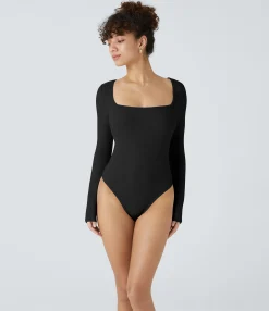Work Tops|Bodysuits<HALARA Ribbed Knit Square Neck Long Sleeve Skinny Work Bodysuit