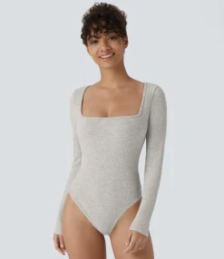 Work Tops|Bodysuits<HALARA Ribbed Knit Square Neck Long Sleeve Skinny Work Bodysuit