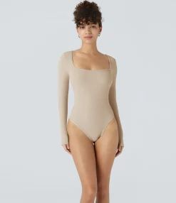 Work Tops|Bodysuits<HALARA Ribbed Knit Square Neck Long Sleeve Skinny Work Bodysuit