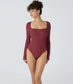 Work Tops|Bodysuits<HALARA Ribbed Knit Square Neck Long Sleeve Skinny Work Bodysuit