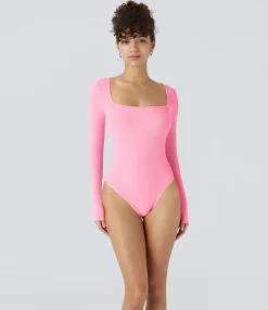 Work Tops|Bodysuits<HALARA Ribbed Knit Square Neck Long Sleeve Skinny Work Bodysuit