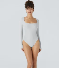 Work Tops|Bodysuits<HALARA Ribbed Knit Square Neck Long Sleeve Skinny Work Bodysuit