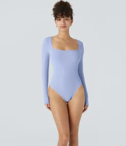 Work Tops|Bodysuits<HALARA Ribbed Knit Square Neck Long Sleeve Skinny Work Bodysuit