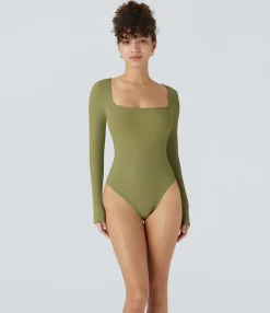 Work Tops|Bodysuits<HALARA Ribbed Knit Square Neck Long Sleeve Skinny Work Bodysuit