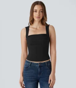 Casual Tops|Tank Tops & Camis<HALARA Ribbed Knit Square Neck Ruched 2-in-1 Skinny Casual Tank Top