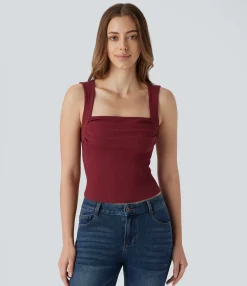 Casual Tops|Tank Tops & Camis<HALARA Ribbed Knit Square Neck Ruched 2-in-1 Skinny Casual Tank Top