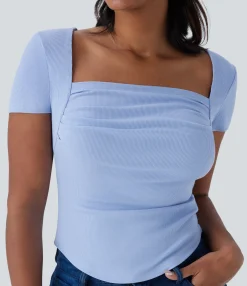Casual Tops<HALARA Ribbed Knit Square Neck Ruched Curved Hem 2-in-1 Skinny Casual Baby Tee