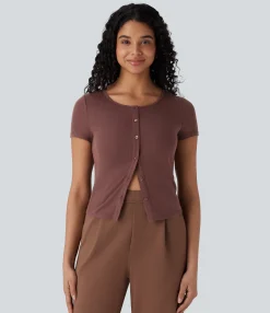 Work Tops<HALARA Ribbed Knit Square Neck Slim Work Top