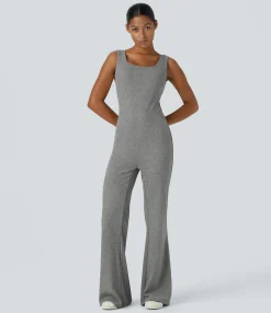 Jumpsuits<HALARA Ribbed Knit Square Neck Sleeveless Casual Jumpsuit Dark Mottled Grey