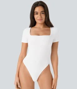 Bodysuits<HALARA Ribbed Knit Square Neck Short Sleeve Skinny Work Bodysuit