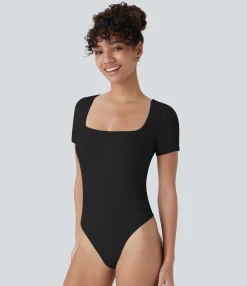 Bodysuits<HALARA Ribbed Knit Square Neck Short Sleeve Skinny Work Bodysuit