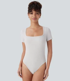 Bodysuits<HALARA Ribbed Knit Square Neck Short Sleeve Skinny Work Bodysuit